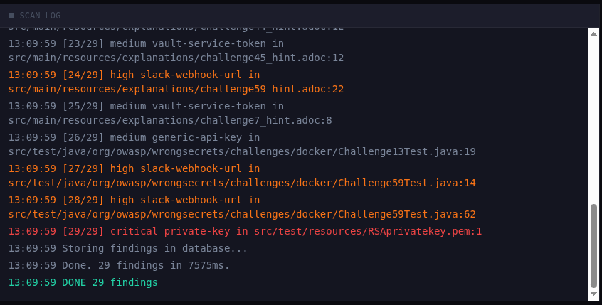 Live scan log detecting secrets in a repository